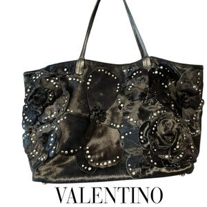Valentino Black Floral Studded Tote